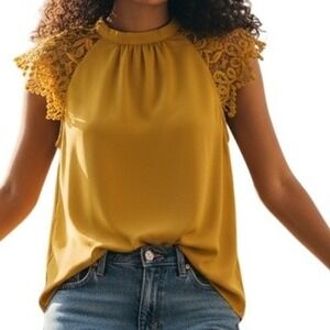 EXPRESS Mustard Yellow Crochet Lace Sleeves Mock Neck Blouse NWT Size XS